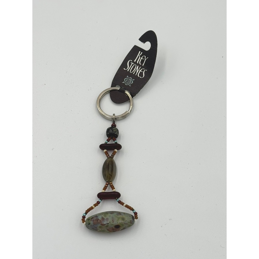 Key Stones Beaded Keychain Natural Semi-Precious Jasper Stone Boho Bag Charm NWT